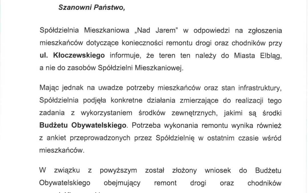Budżet Obywatelski – remont drogi oraz chodników przy ul. Kłoczowskiego.