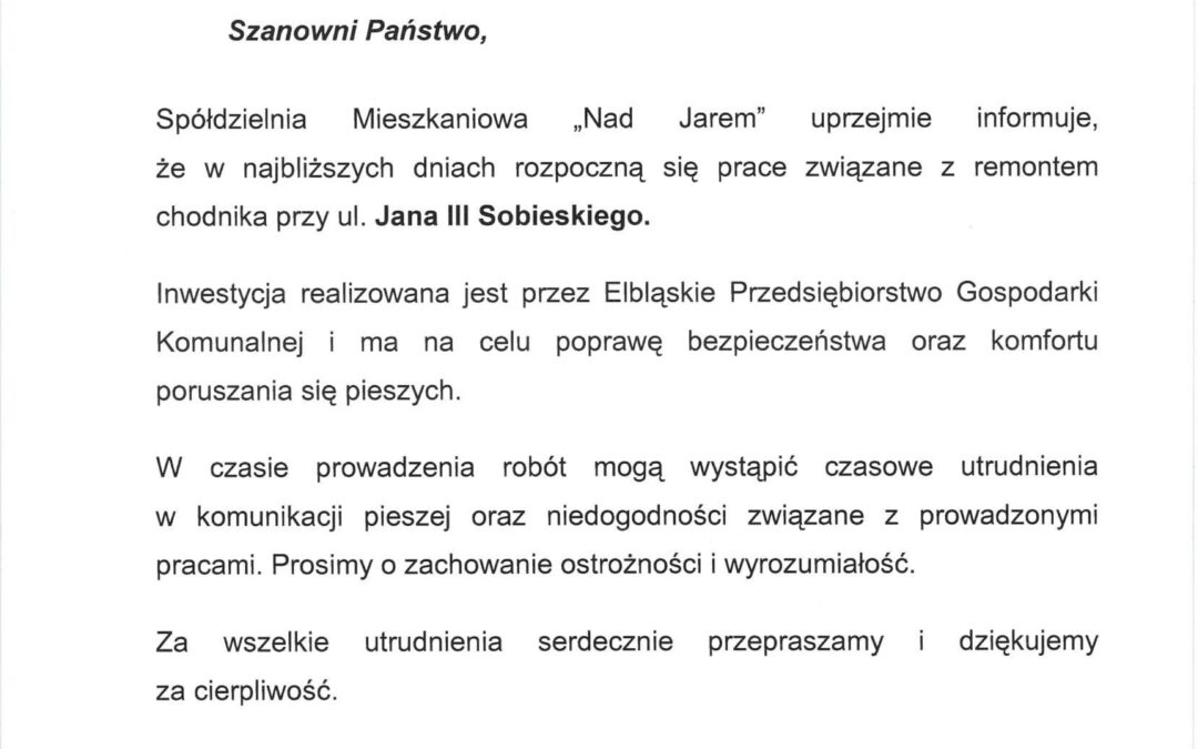Rozpoczął się remont chodnika przy ul. Jana III Sobieskiego